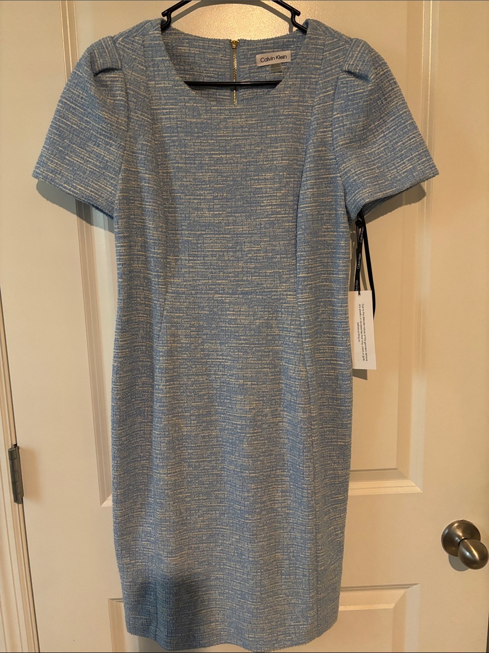 Calvin Klein Light Blue Textured Short Sleeve Midi Sheath Dress